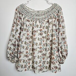 Max Studio‎ Blouse Womens Size XS Smocked Neck Sheer Lined Muted Floral Cottage